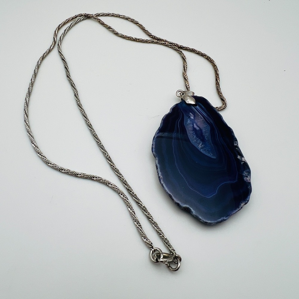 Blue Agate Pendant Necklace Teardrop Slice Silver Tone Artisan Natural Stone